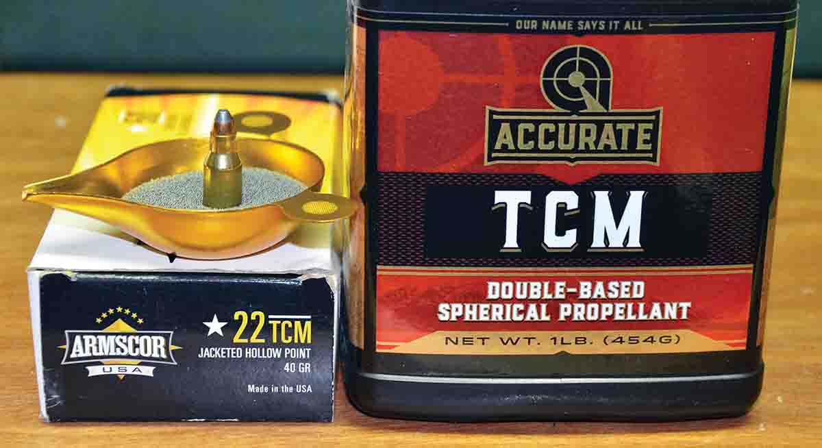 During the development of the .22 TCM (originally called the .22 Micromag) by Gunsmith Fred Craig, ballisticians at Western Powders were tasked with choosing a propellant to be used in loading Armscor ammunition. The powder chosen would soon be introduced to the canister trade as Accurate TCM.